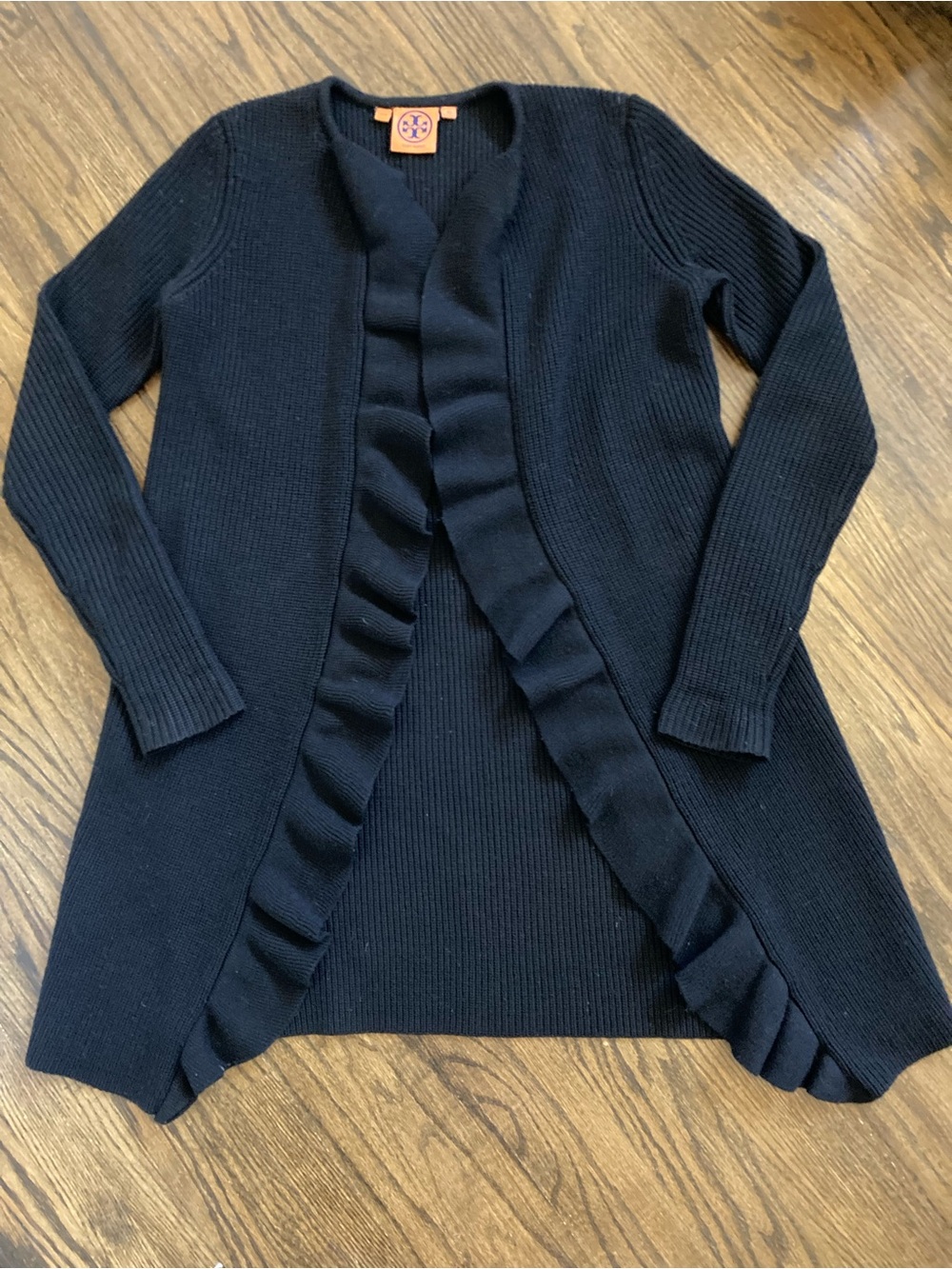 Tory Burch Black Ruffle-Front Merino Wool Knit Cardigan